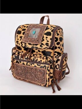 American Darling Leopard-Print Backpack with Brown Leather & Turquoise Accent